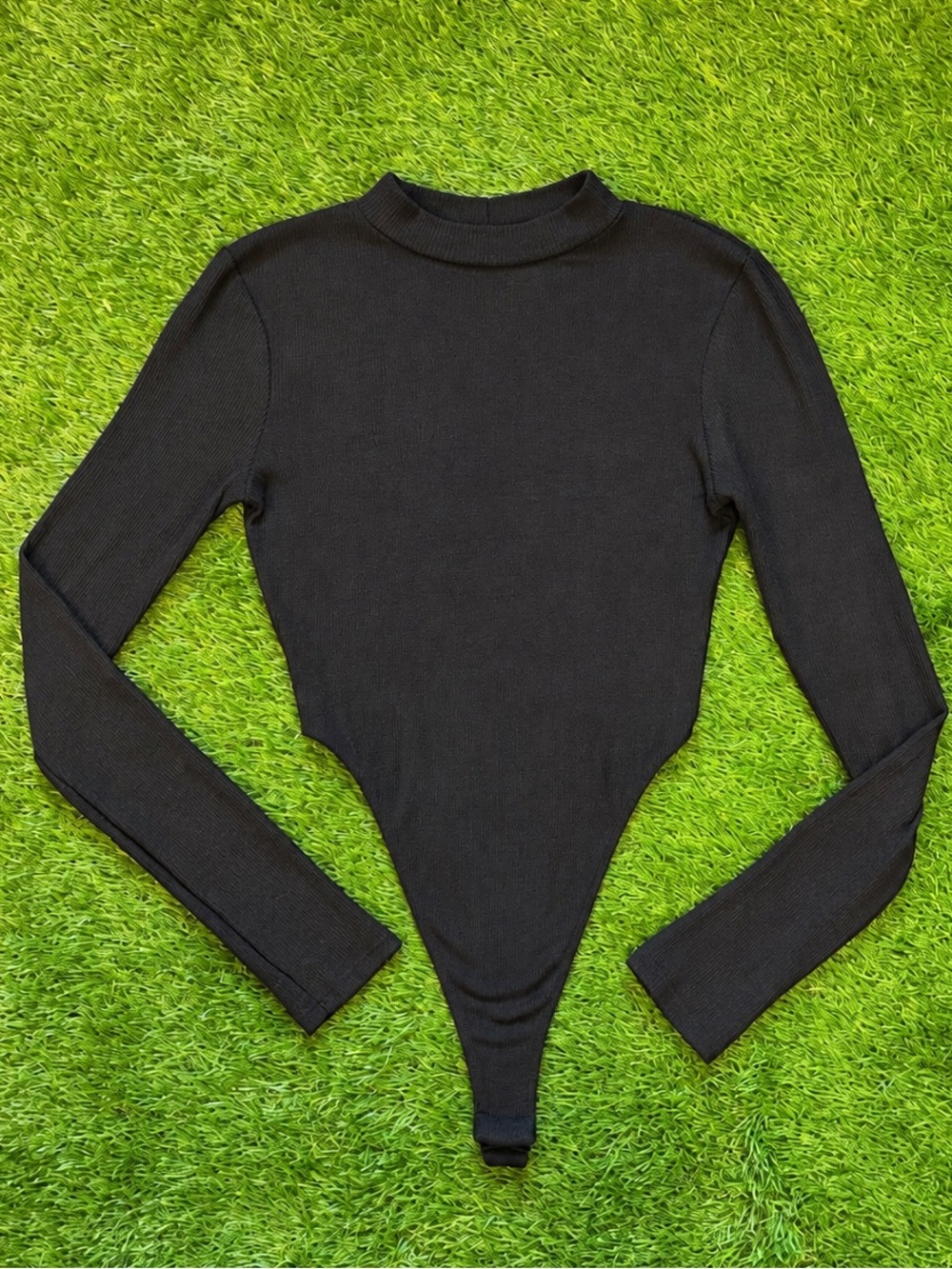 Blanc Black Ribbed Mock Neck Long Sleeve Bodysuit Small